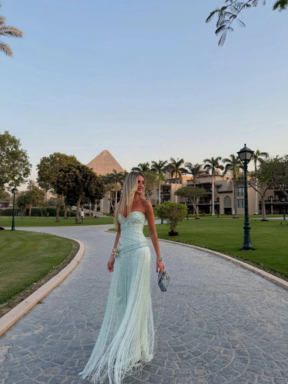 The Fayrouz – aqua beaded tassel mermaid evening gown | Riviera Couture