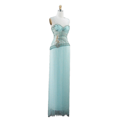The Fayrouz – aqua beaded tassel mermaid evening gown | Riviera Couture