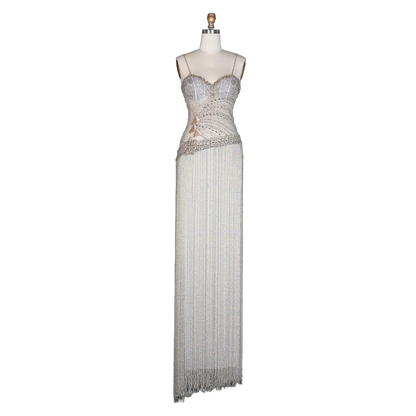 The Fayrouz in gray – aqua beaded tassel mermaid evening gown | Riviera Couture