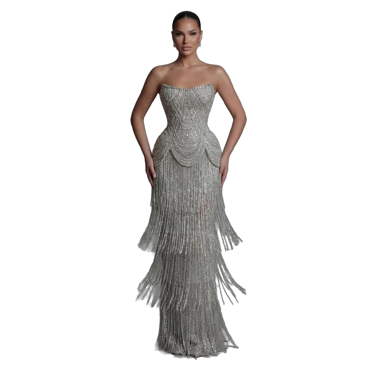 The Ghala – gray strapless tiered tassel mermaid gown | Riviera Couture