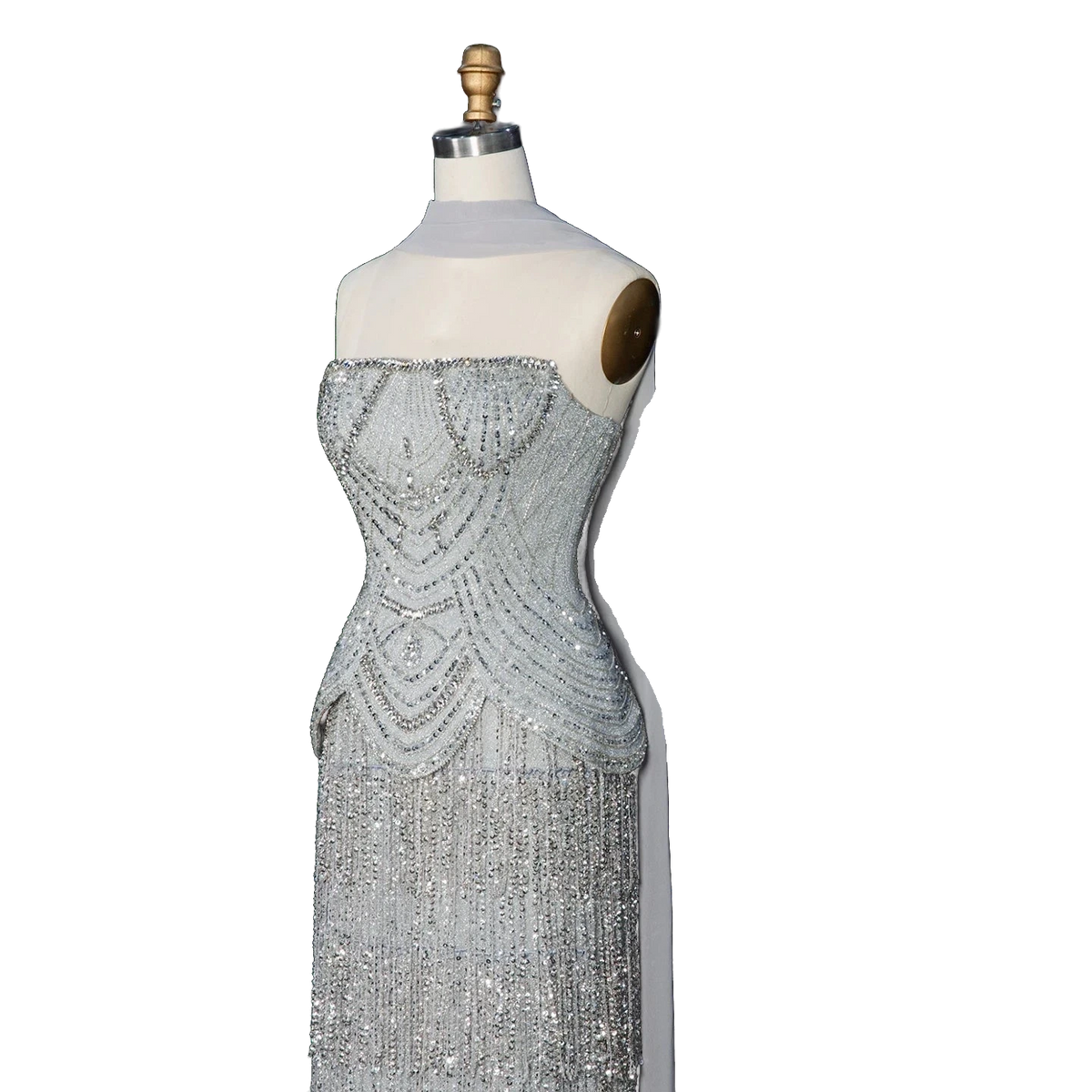 The Ghala – gray strapless tiered tassel mermaid gown | Riviera Couture