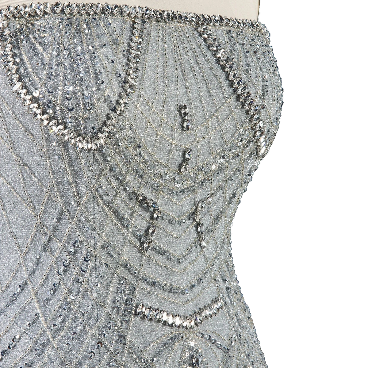 The Ghala – gray strapless tiered tassel mermaid gown | Riviera Couture