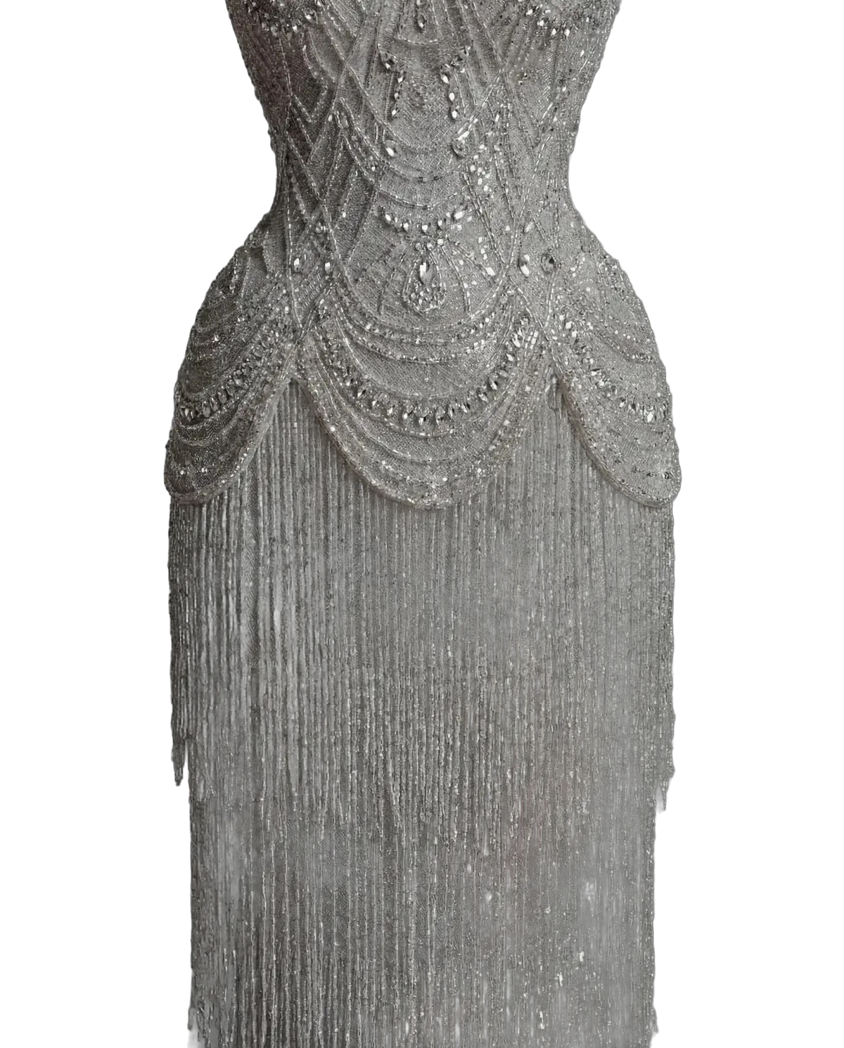 The Ghala – gray strapless tiered tassel mermaid gown | Riviera Couture