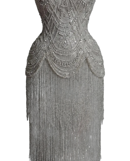 The Ghala – gray strapless tiered tassel mermaid gown | Riviera Couture