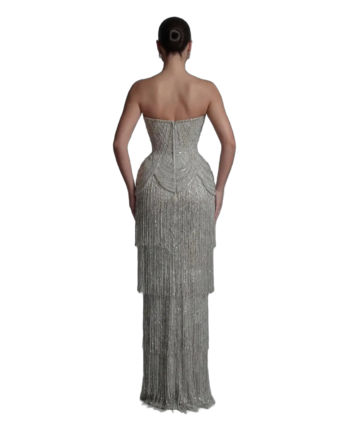 The Ghala – gray strapless tiered tassel mermaid gown | Riviera Couture