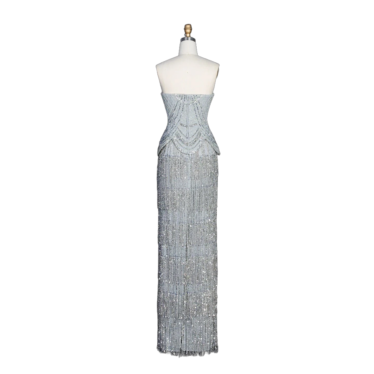 The Ghala – gray strapless tiered tassel mermaid gown | Riviera Couture