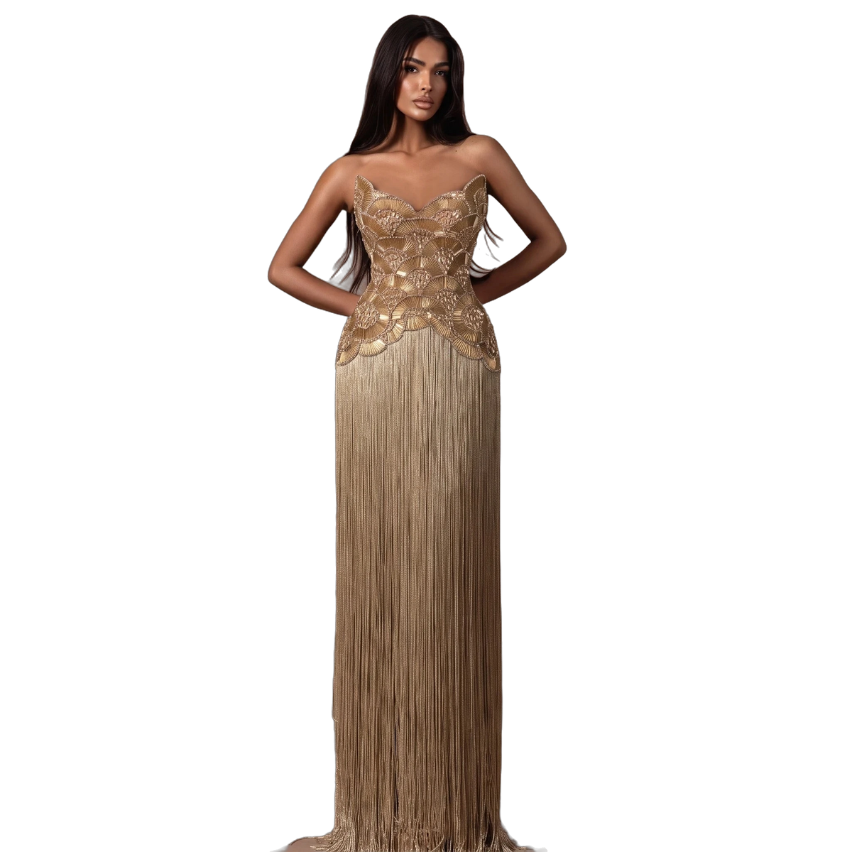 The Maram – heavy beaded fringe column evening gown | Riviera Couture