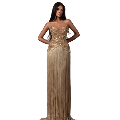 The Maram – heavy beaded fringe column evening gown | Riviera Couture