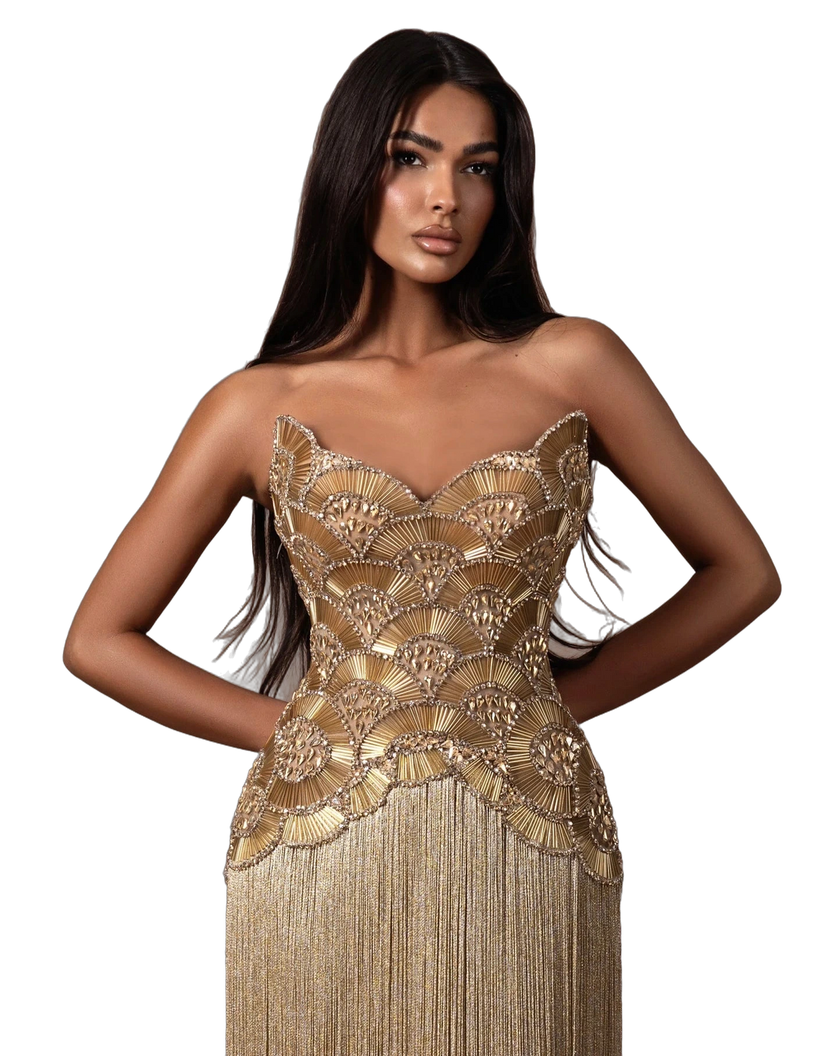 The Maram – heavy beaded fringe column evening gown | Riviera Couture