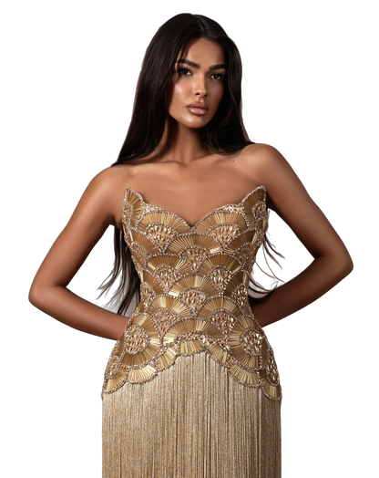 The Maram – heavy beaded fringe column evening gown | Riviera Couture