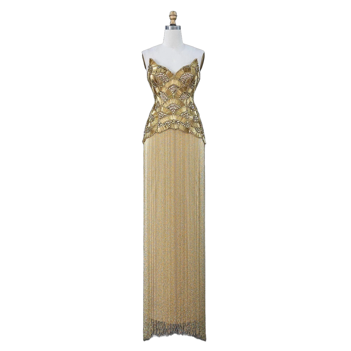 The Maram in gold – heavy beaded fringe column evening gown | Riviera Couture