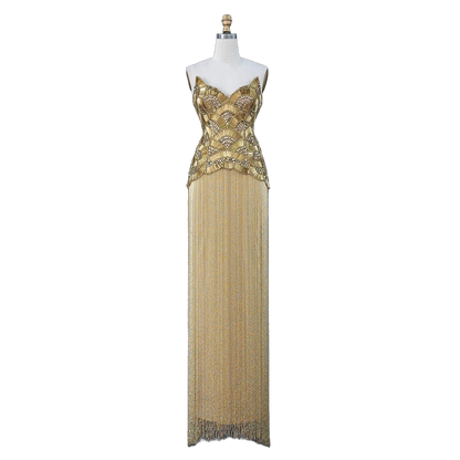 The Maram in gold – heavy beaded fringe column evening gown | Riviera Couture