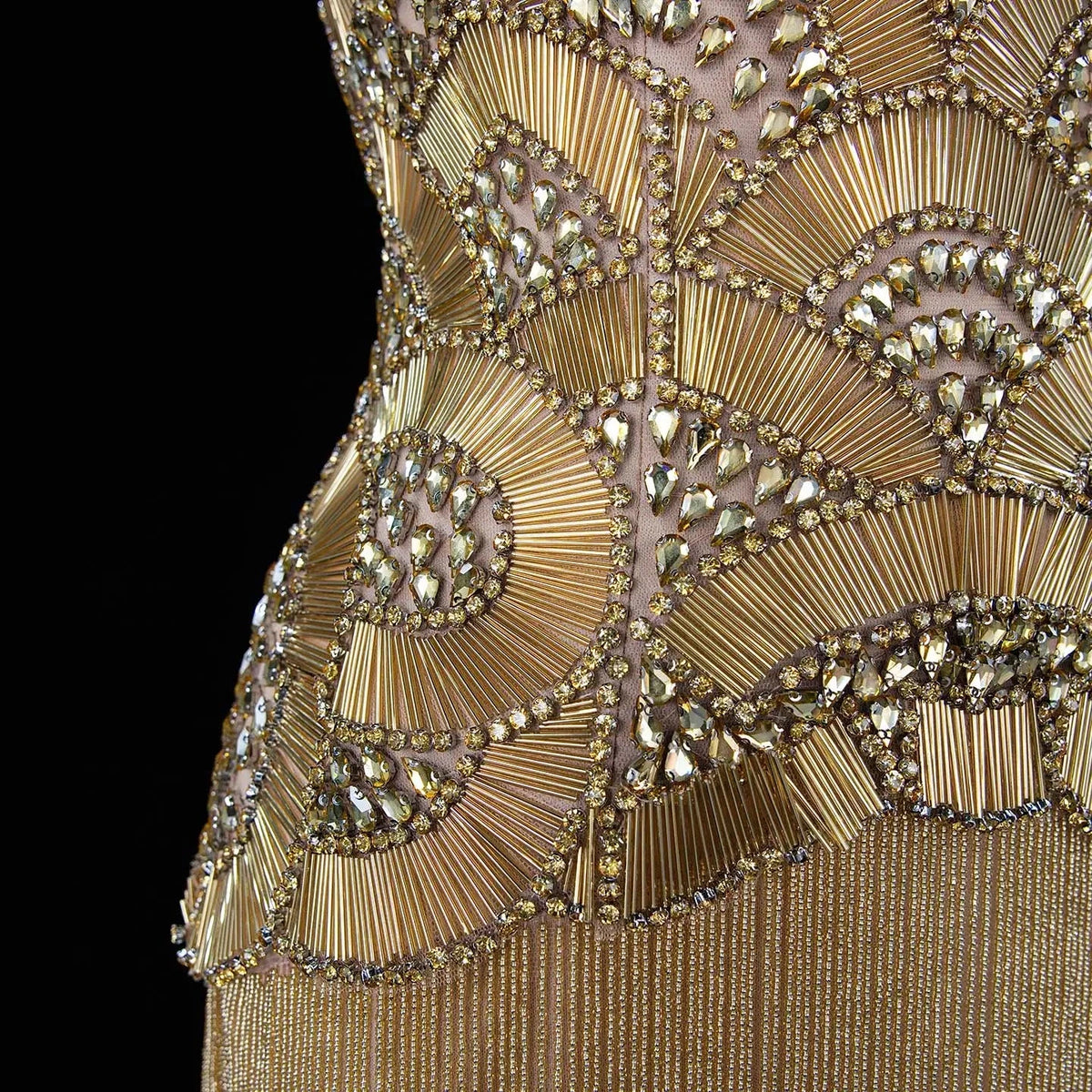 The Maram – heavy beaded fringe column evening gown | Riviera Couture