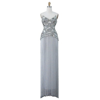 The Maram in silver – heavy beaded fringe column evening gown | Riviera Couture