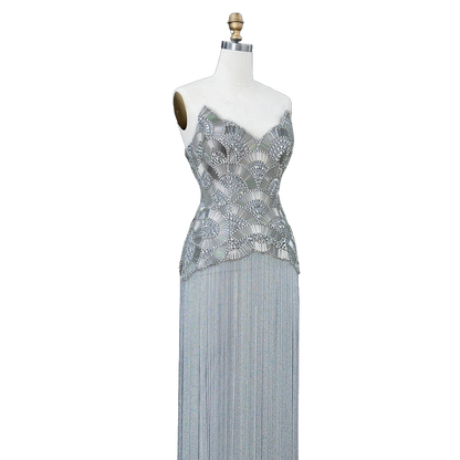 The Maram – heavy beaded fringe column evening gown | Riviera Couture