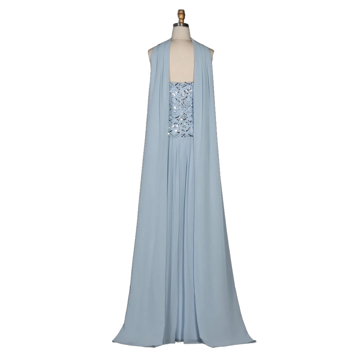 The Haya – blue chiffon A-line gown with scarf and pearls | Riviera Couture