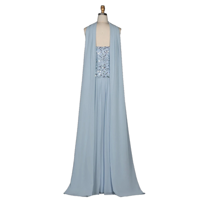 The Haya – blue chiffon A-line gown with scarf and pearls | Riviera Couture