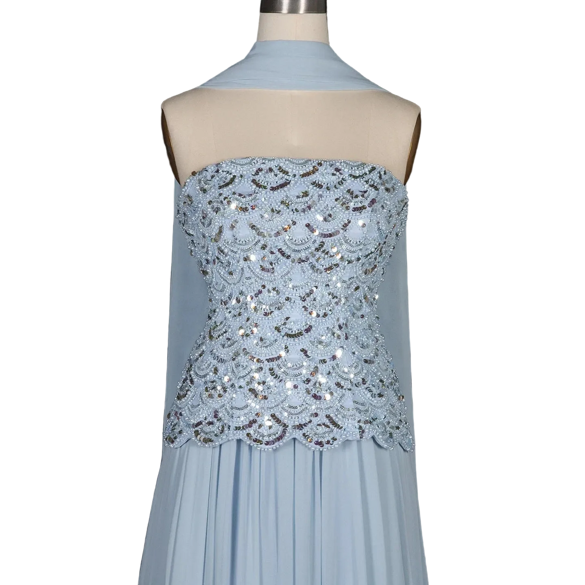 The Haya – blue chiffon A-line gown with scarf and pearls | Riviera Couture