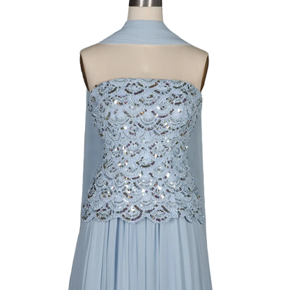 The Haya – blue chiffon A-line gown with scarf and pearls | Riviera Couture