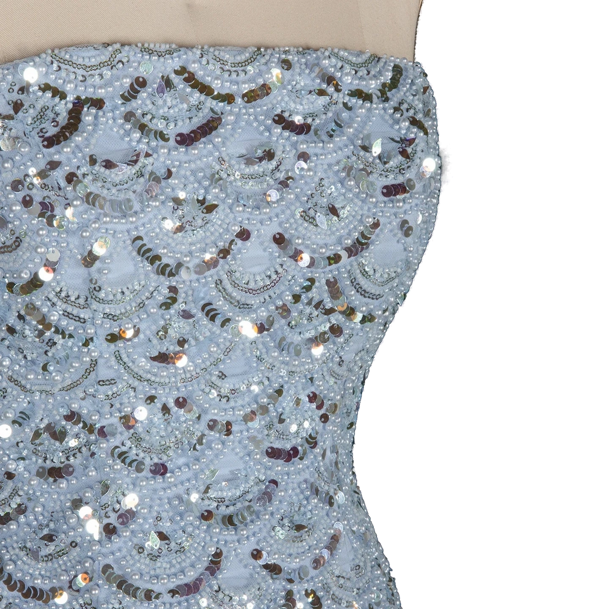 The Haya – blue chiffon A-line gown with scarf and pearls | Riviera Couture