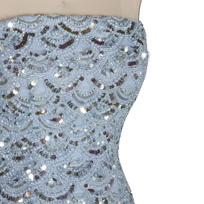 The Haya – blue chiffon A-line gown with scarf and pearls | Riviera Couture