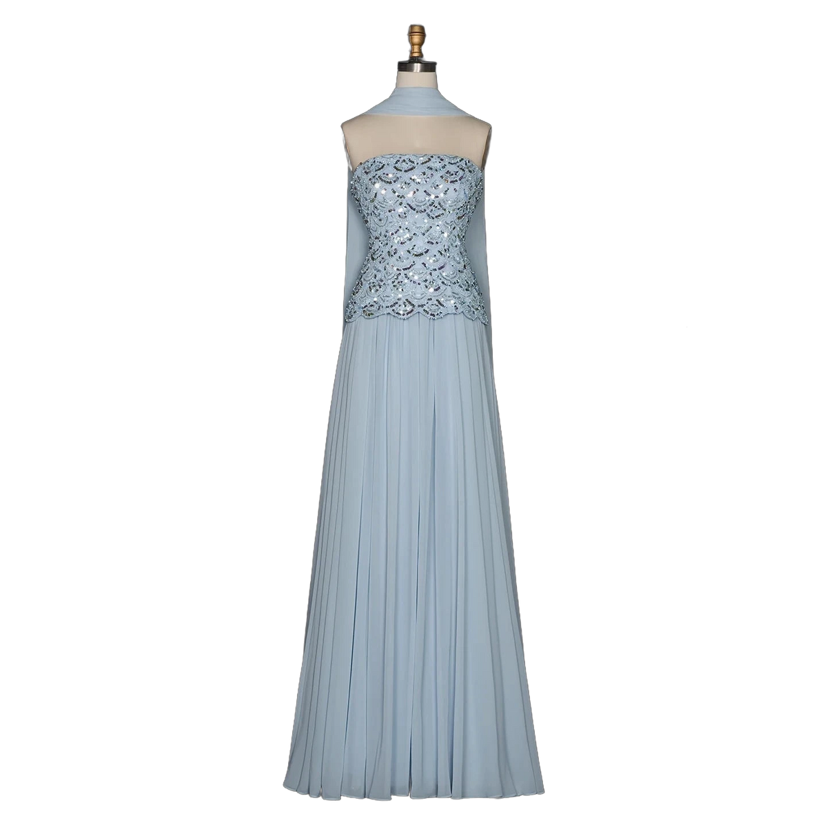 The Haya – blue chiffon A-line gown with scarf and pearls | Riviera Couture