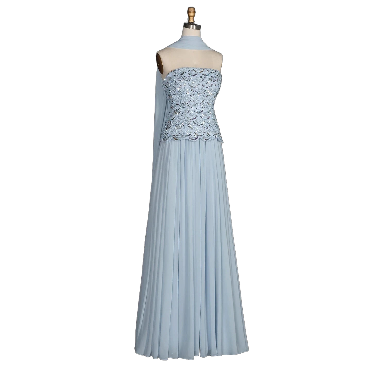 The Haya – blue chiffon A-line gown with scarf and pearls | Riviera Couture