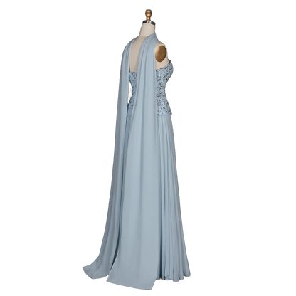 The Haya – blue chiffon A-line gown with scarf and pearls | Riviera Couture