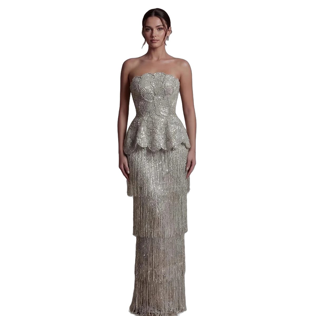 The Fatin – gray two-piece sequin ruffle evening gown | Riviera Couture