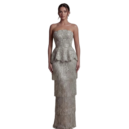 The Fatin – gray two-piece sequin ruffle evening gown | Riviera Couture
