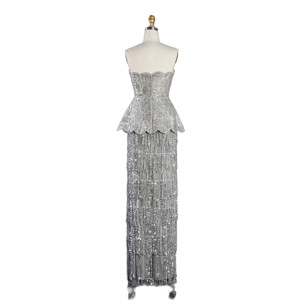The Fatin – gray two-piece sequin ruffle evening gown | Riviera Couture