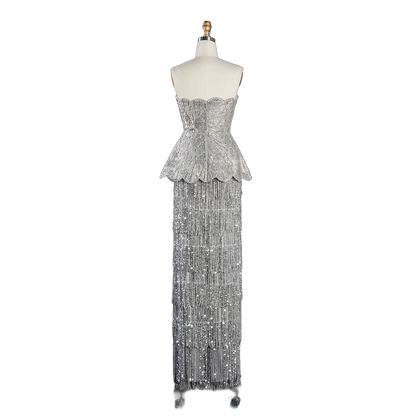 The Fatin – gray two-piece sequin ruffle evening gown | Riviera Couture