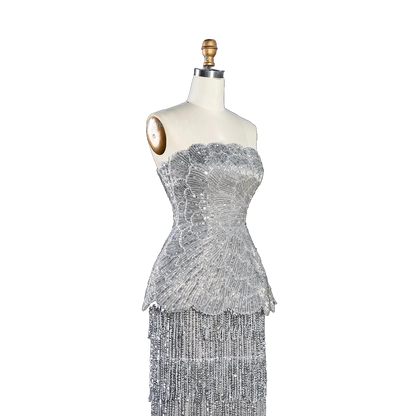The Fatin – gray two-piece sequin ruffle evening gown | Riviera Couture