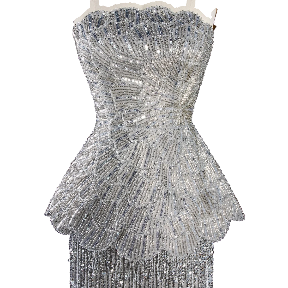 The Fatin – gray two-piece sequin ruffle evening gown | Riviera Couture