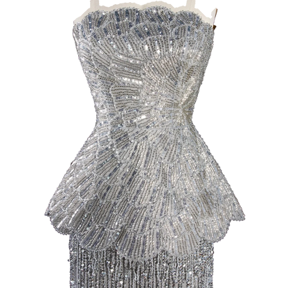 The Fatin – gray two-piece sequin ruffle evening gown | Riviera Couture