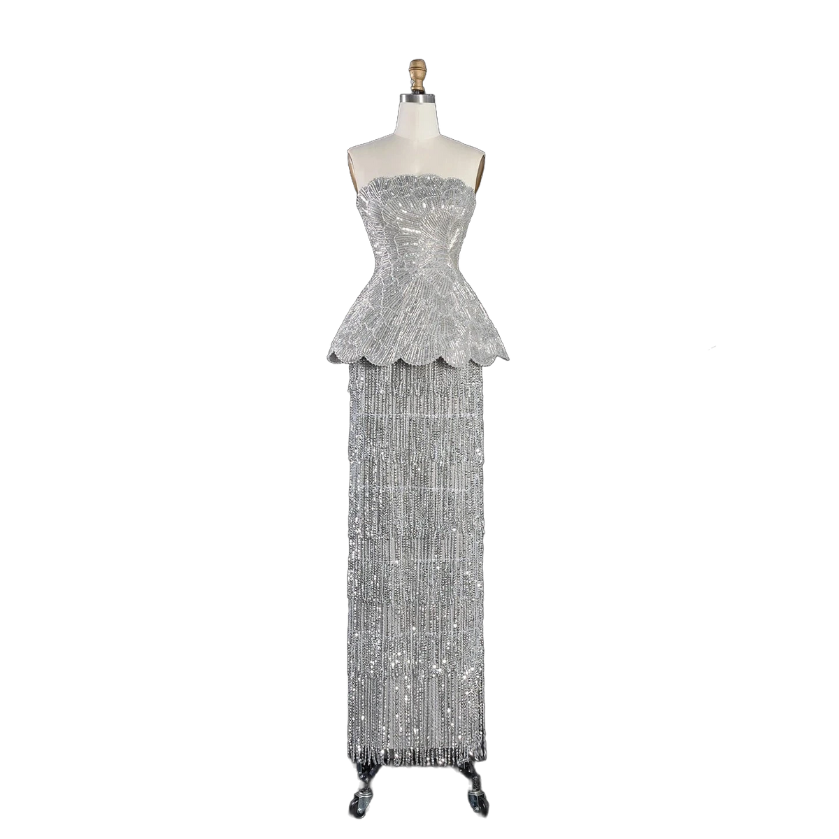 The Fatin – gray two-piece sequin ruffle evening gown | Riviera Couture