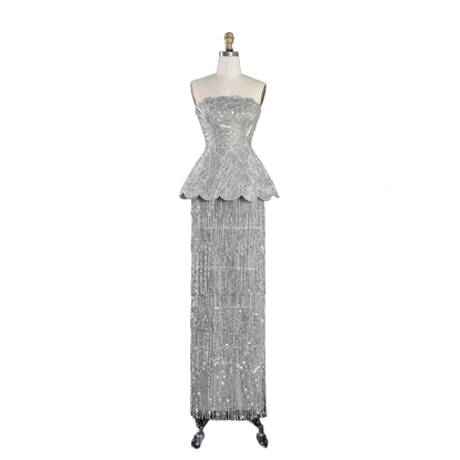 The Fatin – gray two-piece sequin ruffle evening gown | Riviera Couture