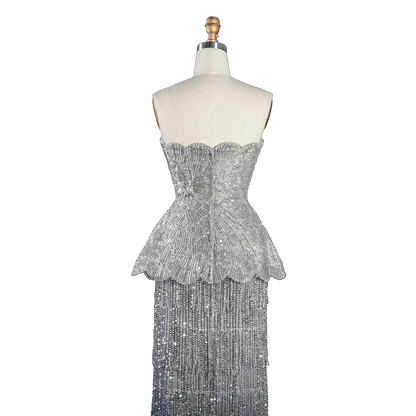 The Fatin – gray two-piece sequin ruffle evening gown | Riviera Couture
