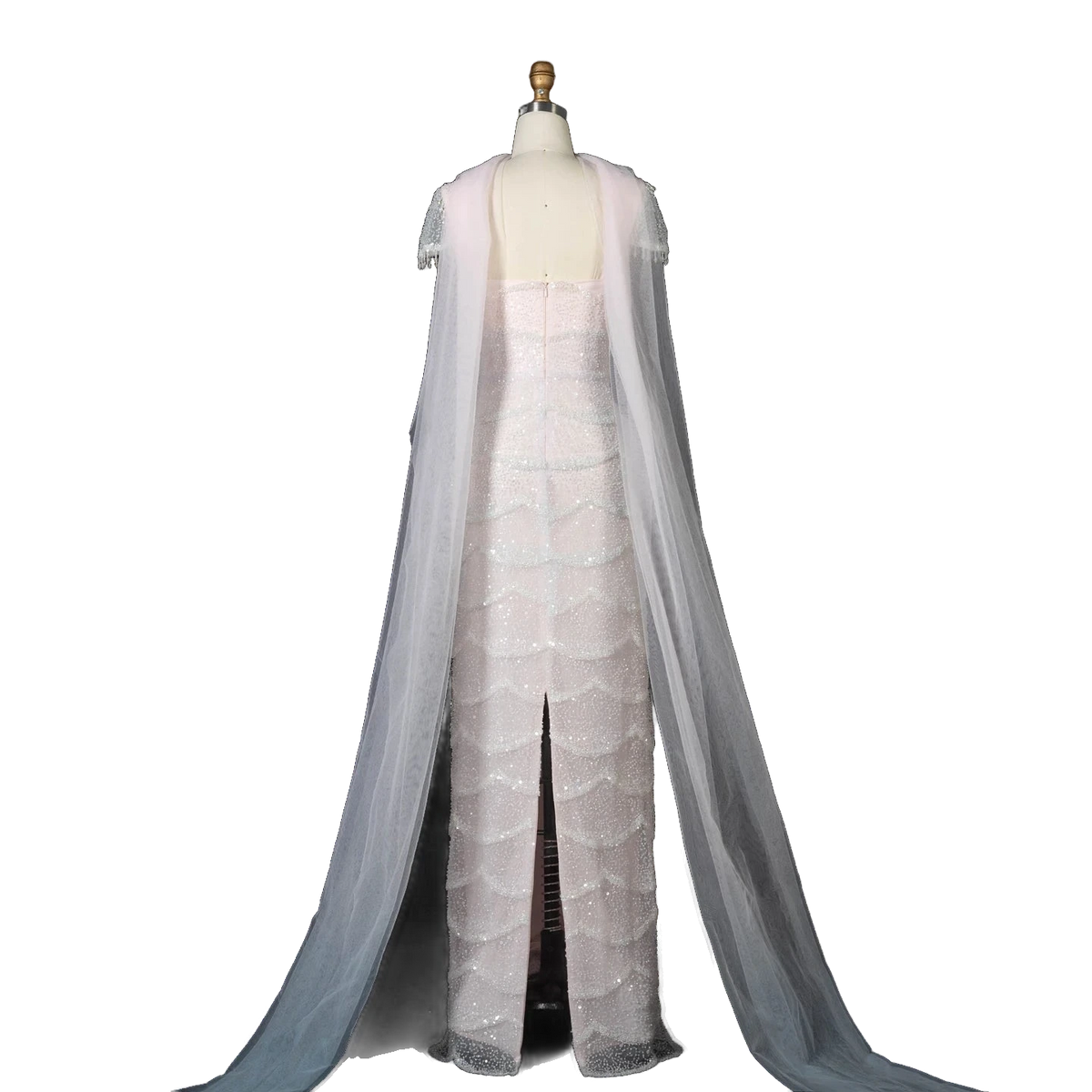 The Basma – white ombre tiered sequin cape gown with scarf | Riviera Couture