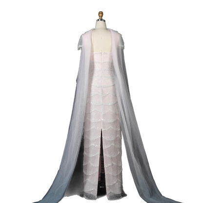 The Basma – white ombre tiered sequin cape gown with scarf | Riviera Couture