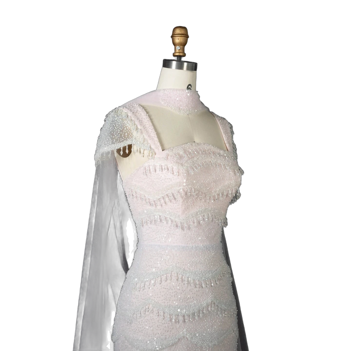 The Basma – white ombre tiered sequin cape gown with scarf | Riviera Couture
