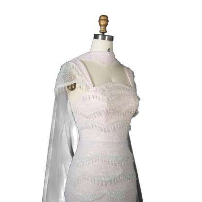 The Basma – white ombre tiered sequin cape gown with scarf | Riviera Couture