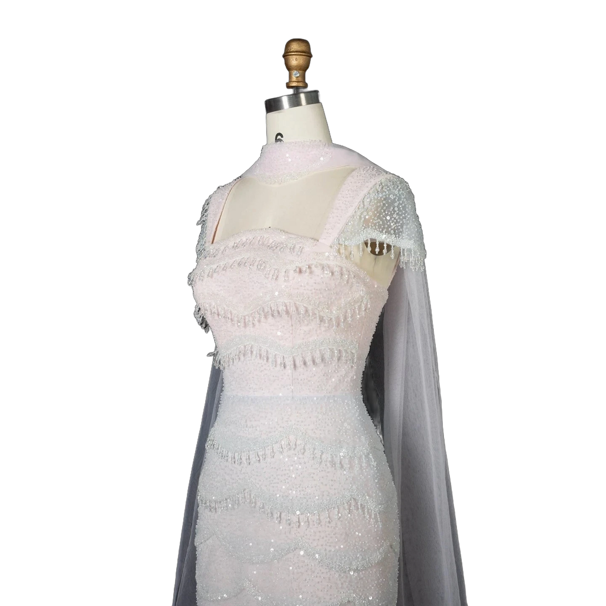 The Basma – white ombre tiered sequin cape gown with scarf | Riviera Couture