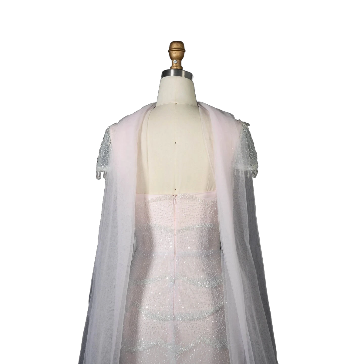 The Basma – white ombre tiered sequin cape gown with scarf | Riviera Couture