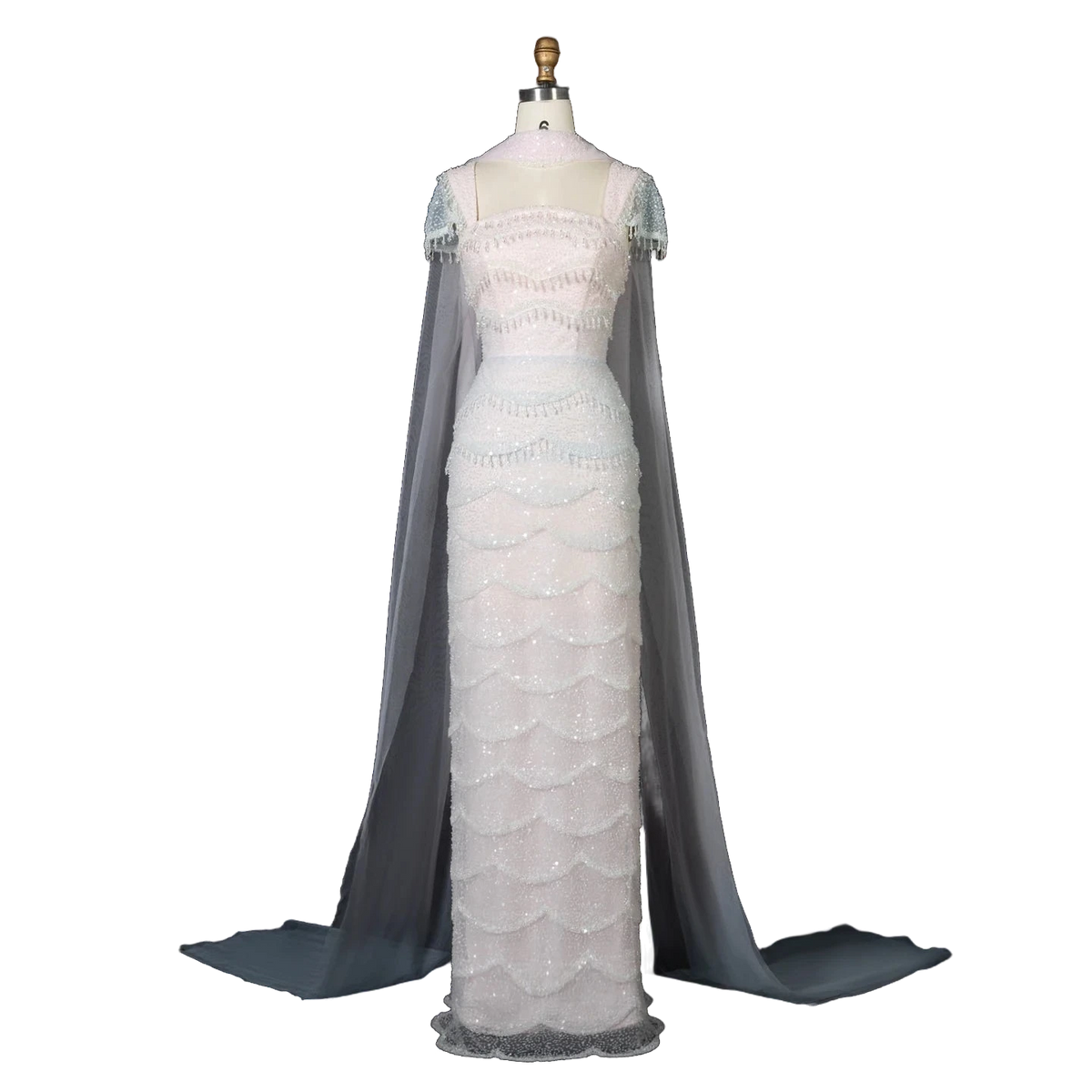 The Basma – white ombre tiered sequin cape gown with scarf | Riviera Couture