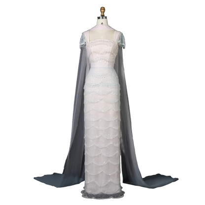 The Basma – white ombre tiered sequin cape gown with scarf | Riviera Couture