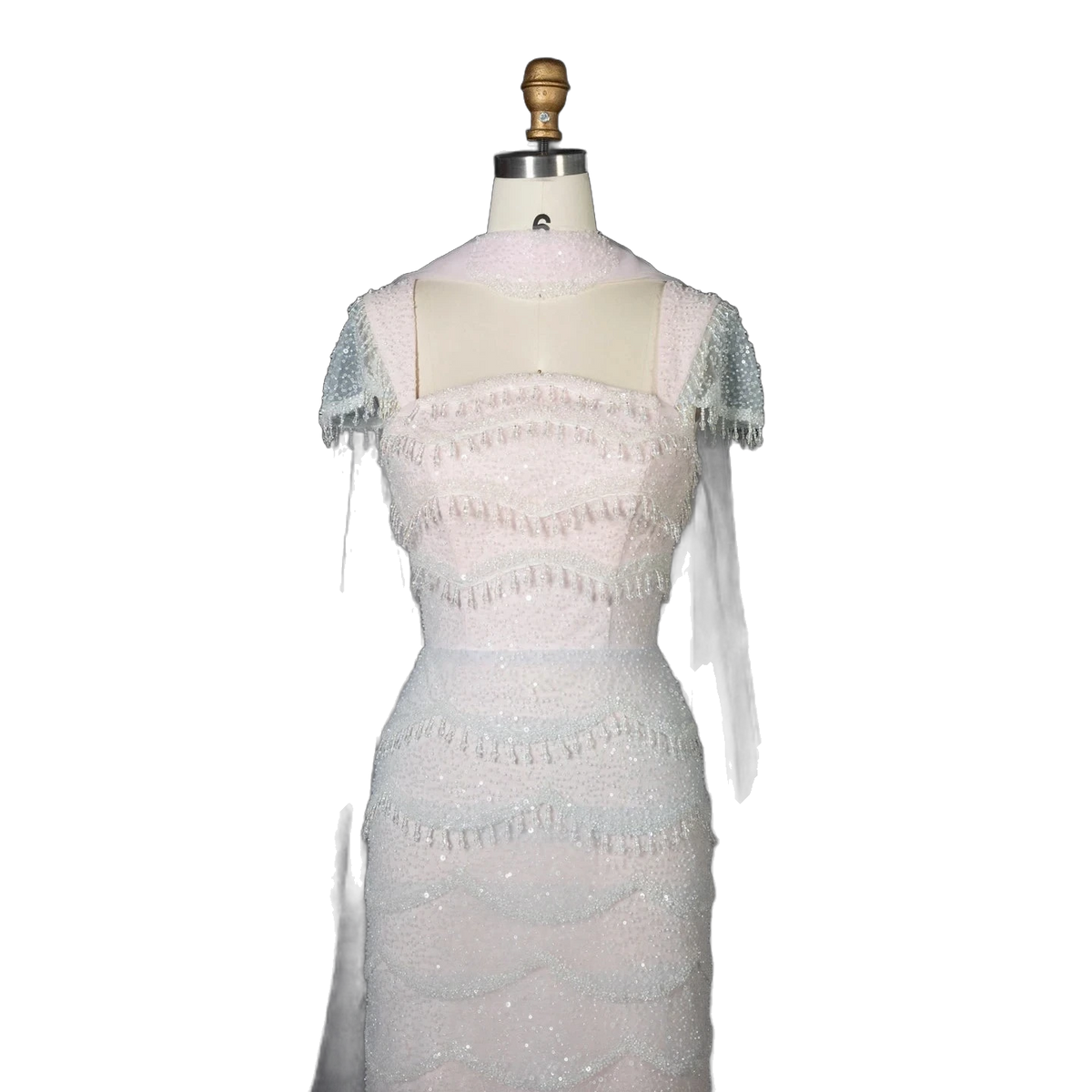 The Basma – white ombre tiered sequin cape gown with scarf | Riviera Couture