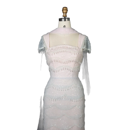 The Basma – white ombre tiered sequin cape gown with scarf | Riviera Couture