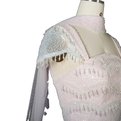 The Basma – white ombre tiered sequin cape gown with scarf | Riviera Couture