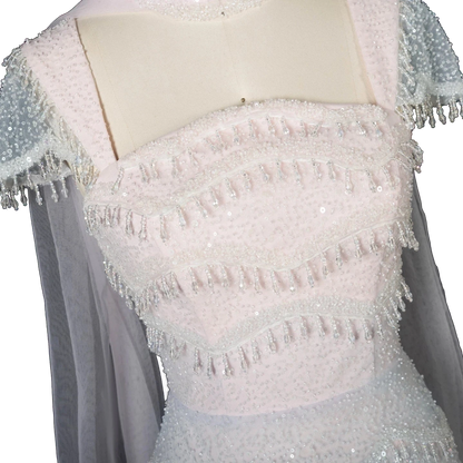 The Basma – white ombre tiered sequin cape gown with scarf | Riviera Couture
